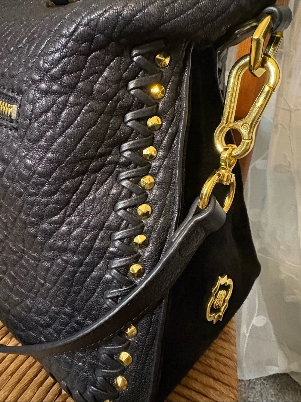 orYANY Black Pebbled Leather Studded Satchel Crossbody Bag